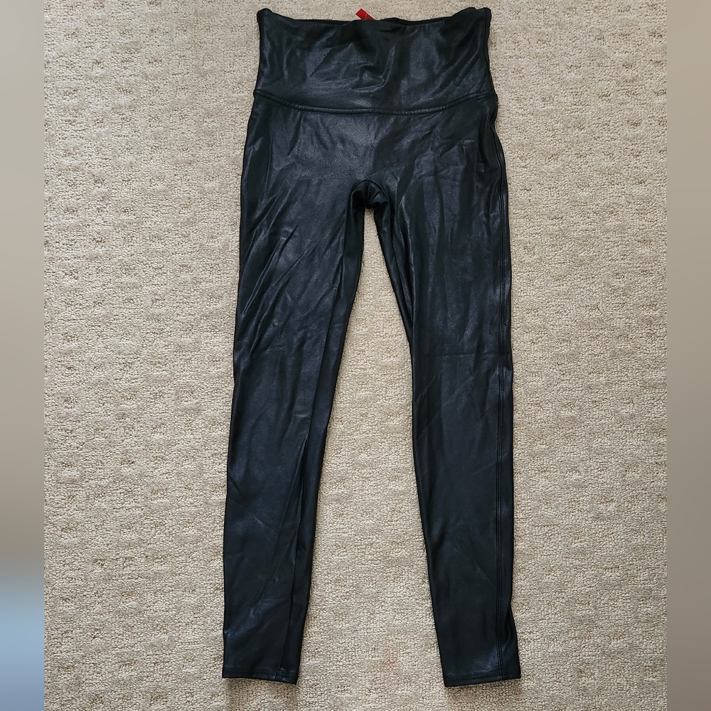 SPANX black faux leather shiny legging pant shapewear control waist Large - Picture 4 of 11